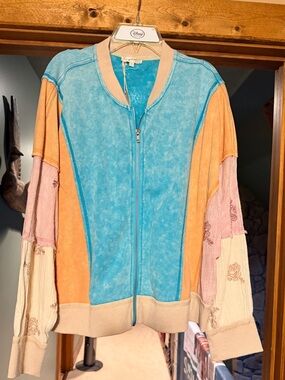 Mystree Multicolor Bomber Zip Jacket - Turquoise & Orange